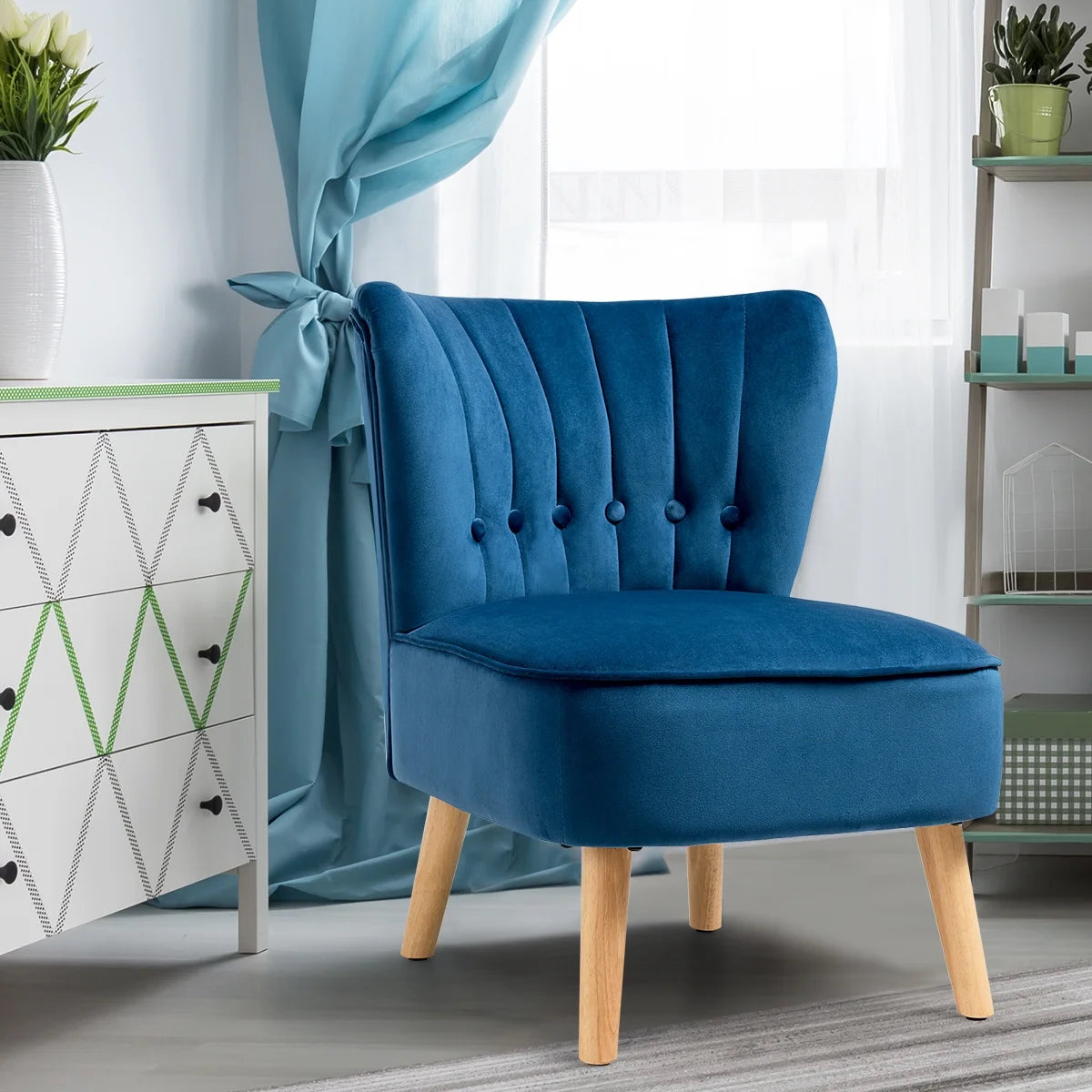 Tufted Blue Velvet Accent Chair — Armless