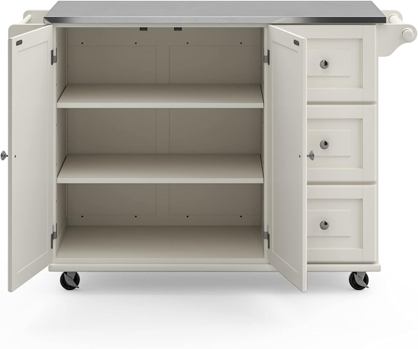 Dolly Madison 54-Inch Rolling Mobile Kitchen Island with Storage and Towel Rack in Off White