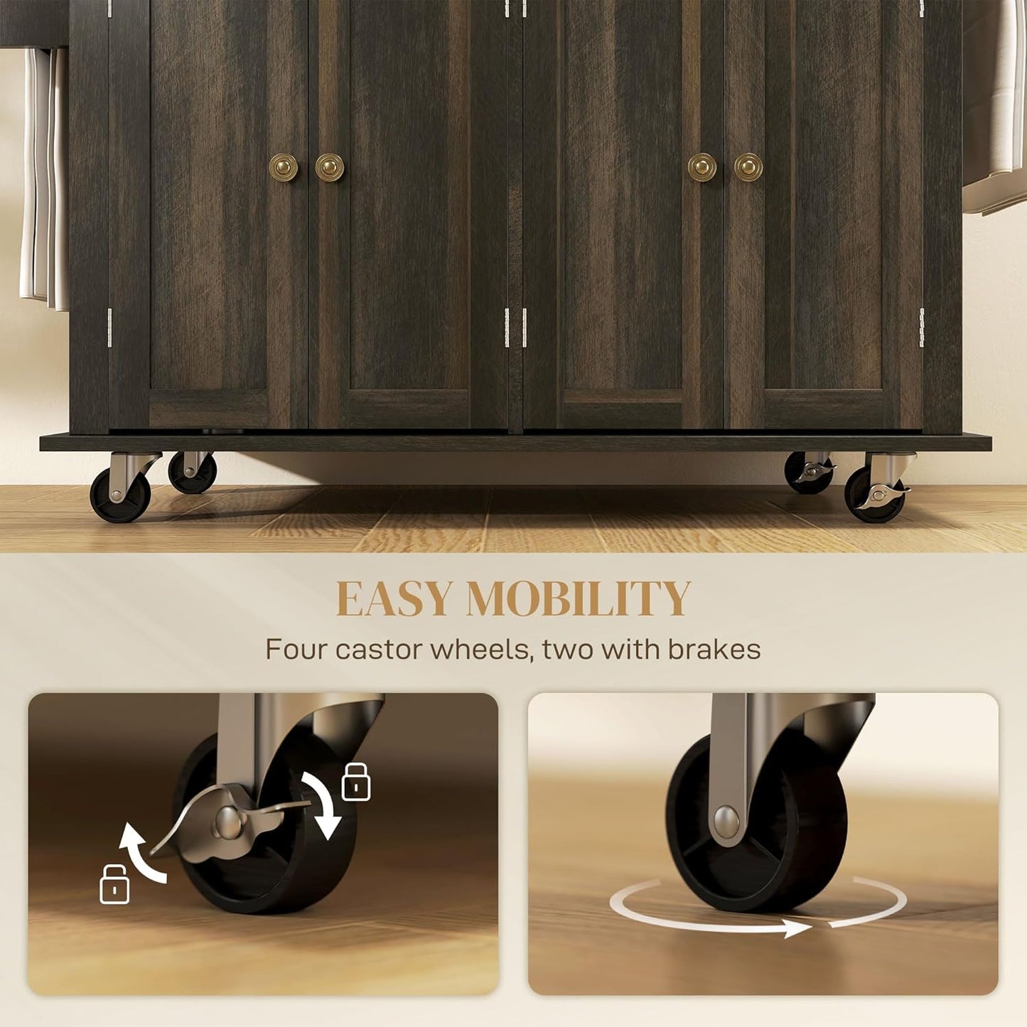Rolling Kitchen Island Cart with Rubberwood Top, Adjustable Shelves, Drawers, Spice Rack, and Towel Rack in Brown Oak Finish