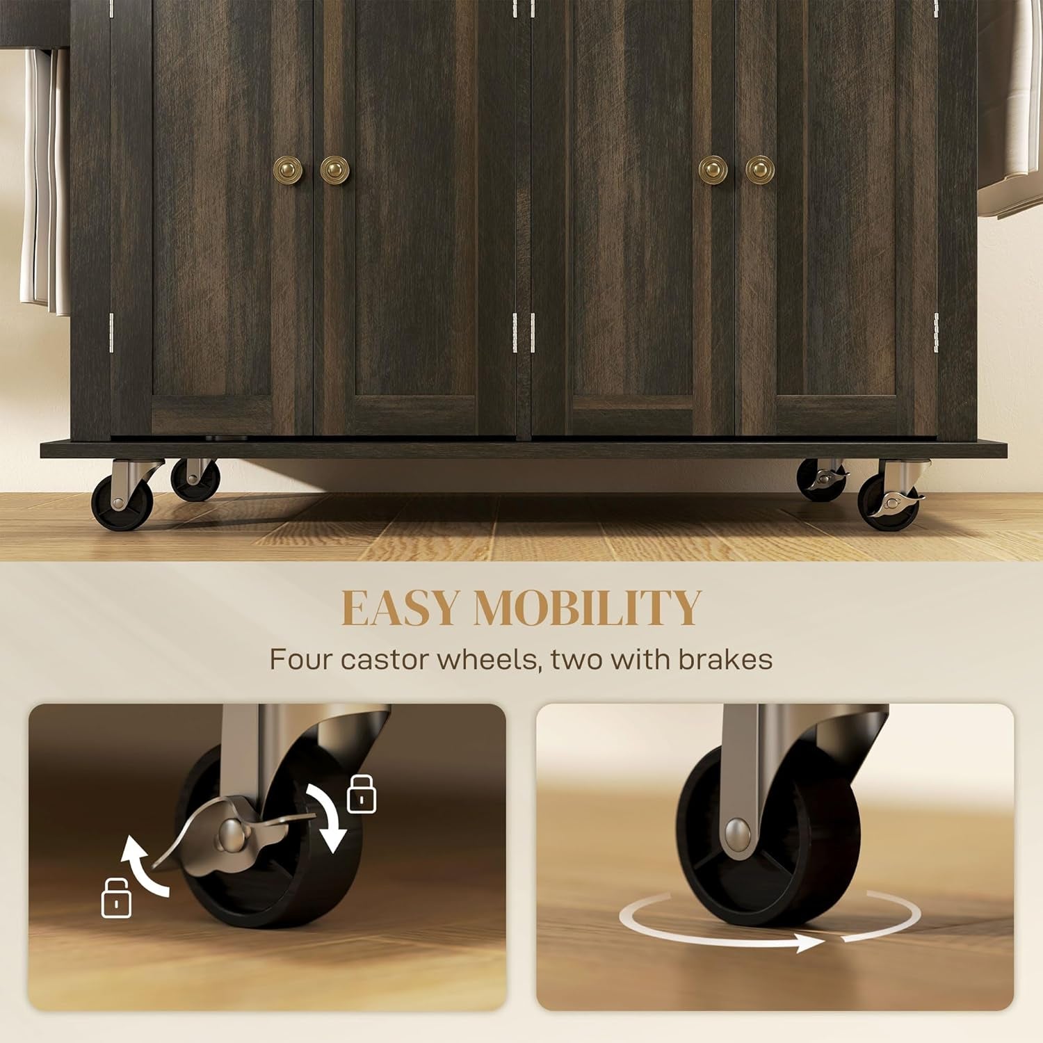 Rolling Kitchen Island Cart with Rubberwood Top, Adjustable Shelves, Drawers, Spice Rack, and Towel Rack in Brown Oak Finish