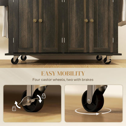 Rolling Kitchen Island Cart with Rubberwood Top, Adjustable Shelves, Drawers, Spice Rack, and Towel Rack in Brown Oak Finish