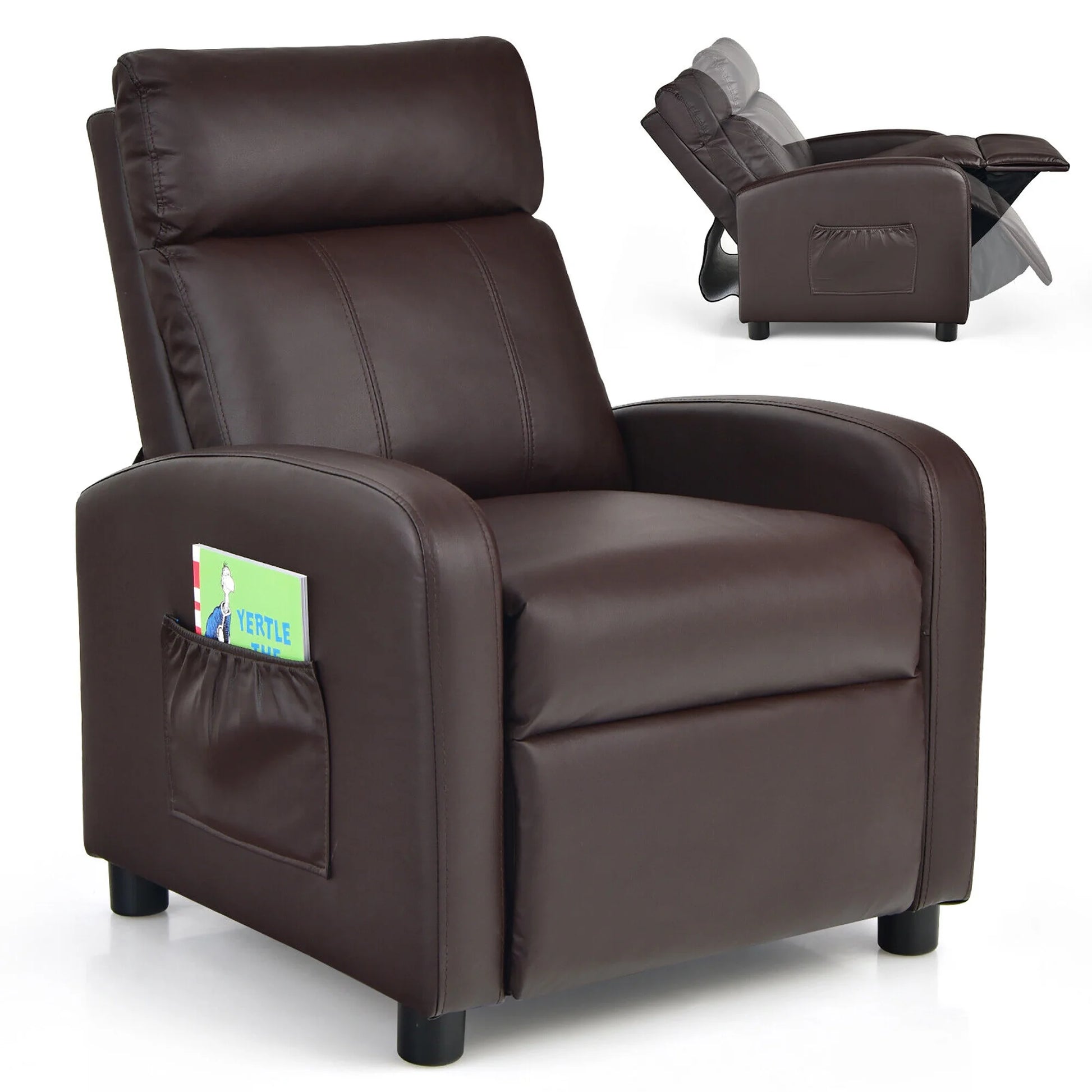 Kids Leather Recliner Chair with Footrest & Side Pocket – Brown