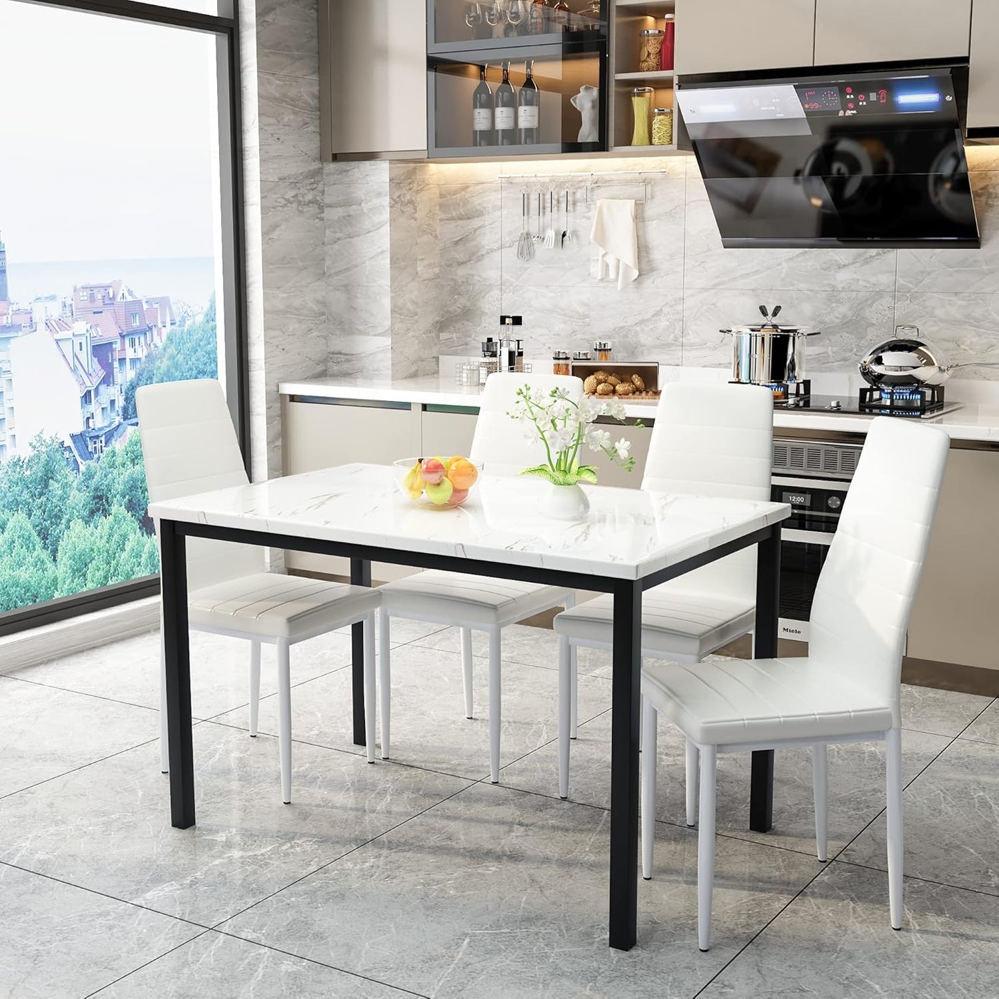 5-Piece Dining Table Set with Faux Marble Top and Faux Leather Upholstered Chairs, Ideal for Kitchen, Breakfast Nook, and Dining Room, White and Beige, 47.25" L x 27.56" W x 30.1" H