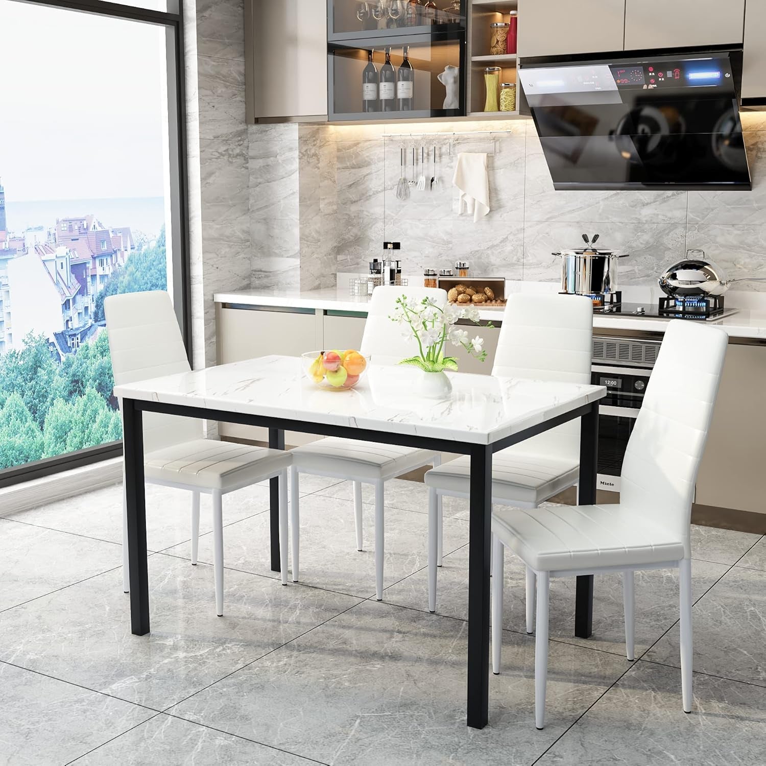 5-Piece Dining Table Set with Faux Marble Top and Faux Leather Upholstered Chairs, Ideal for Kitchen, Breakfast Nook, and Dining Room, White and Beige, 47.25" L x 27.56" W x 30.1" H