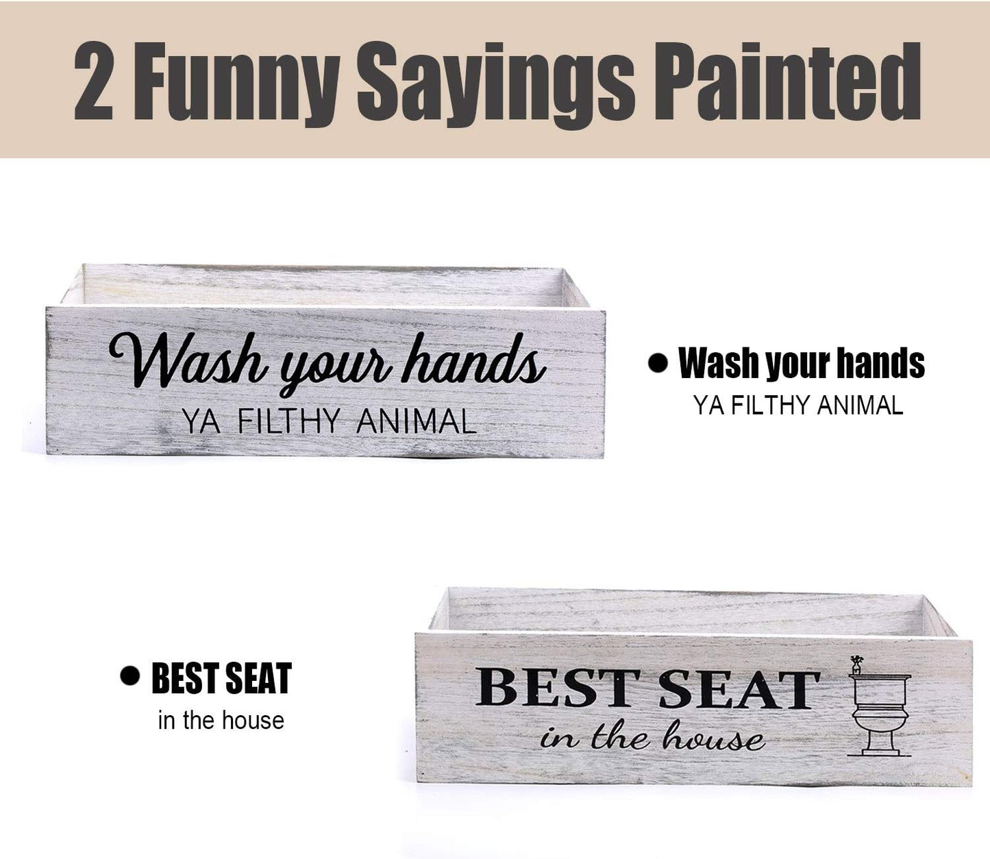 Rustic Whitewashed Bathroom Box – Double-Sided Sign Toilet Tank Basket