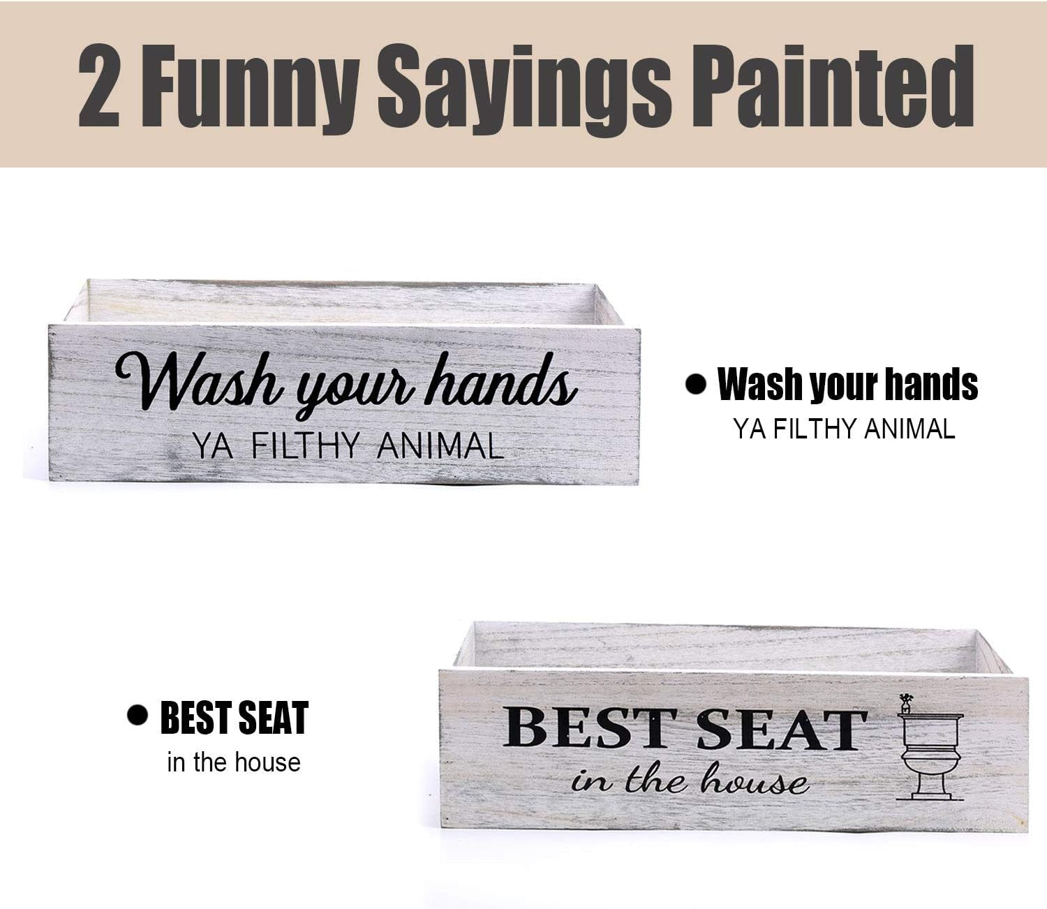 Rustic Whitewashed Bathroom Box – Double-Sided Sign Toilet Tank Basket