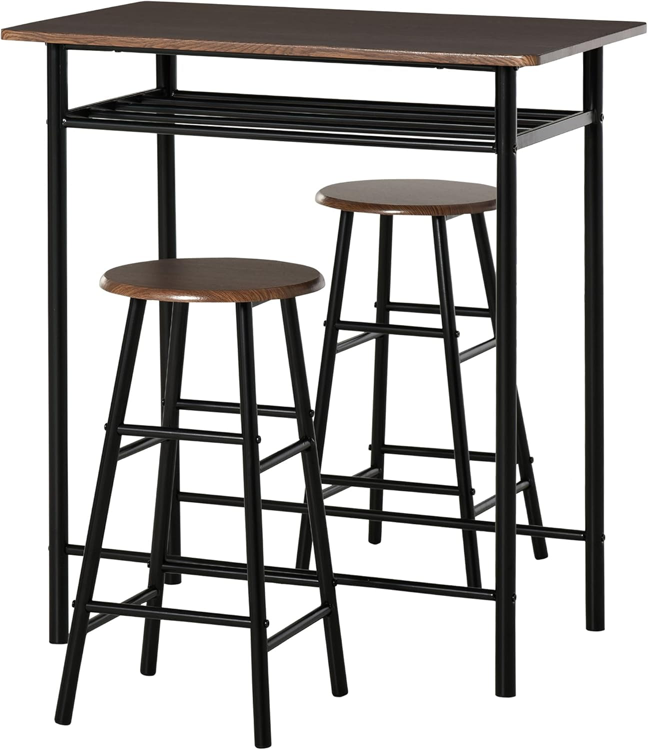 3-Piece Counter Height Bar Table Set with Two Stools and Storage Shelf, Metal Frame Footrest, Black and Brown