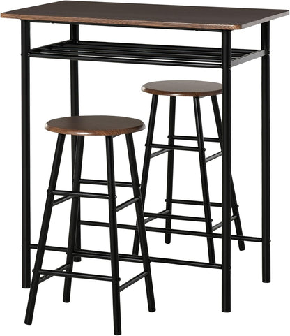3-Piece Counter Height Bar Table Set with Two Stools and Storage Shelf, Metal Frame Footrest, Black and Brown