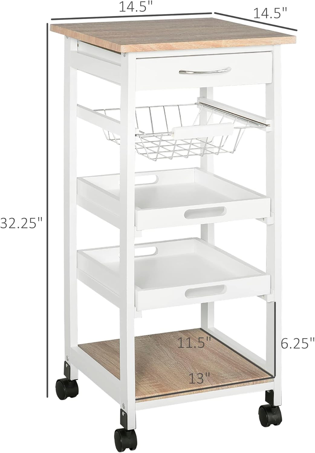 Rolling Kitchen Island Cart with Storage, Solid Wood Frame, Wire Fruit Baskets, Trays, and Drawer, White