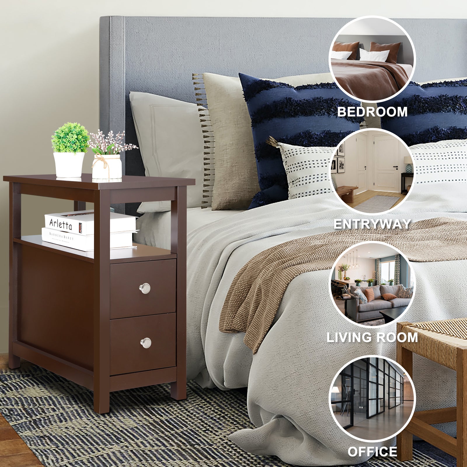 Set of 2 Narrow End Table W/2 Drawers Open Shelf Sofa Side Table for Living Room