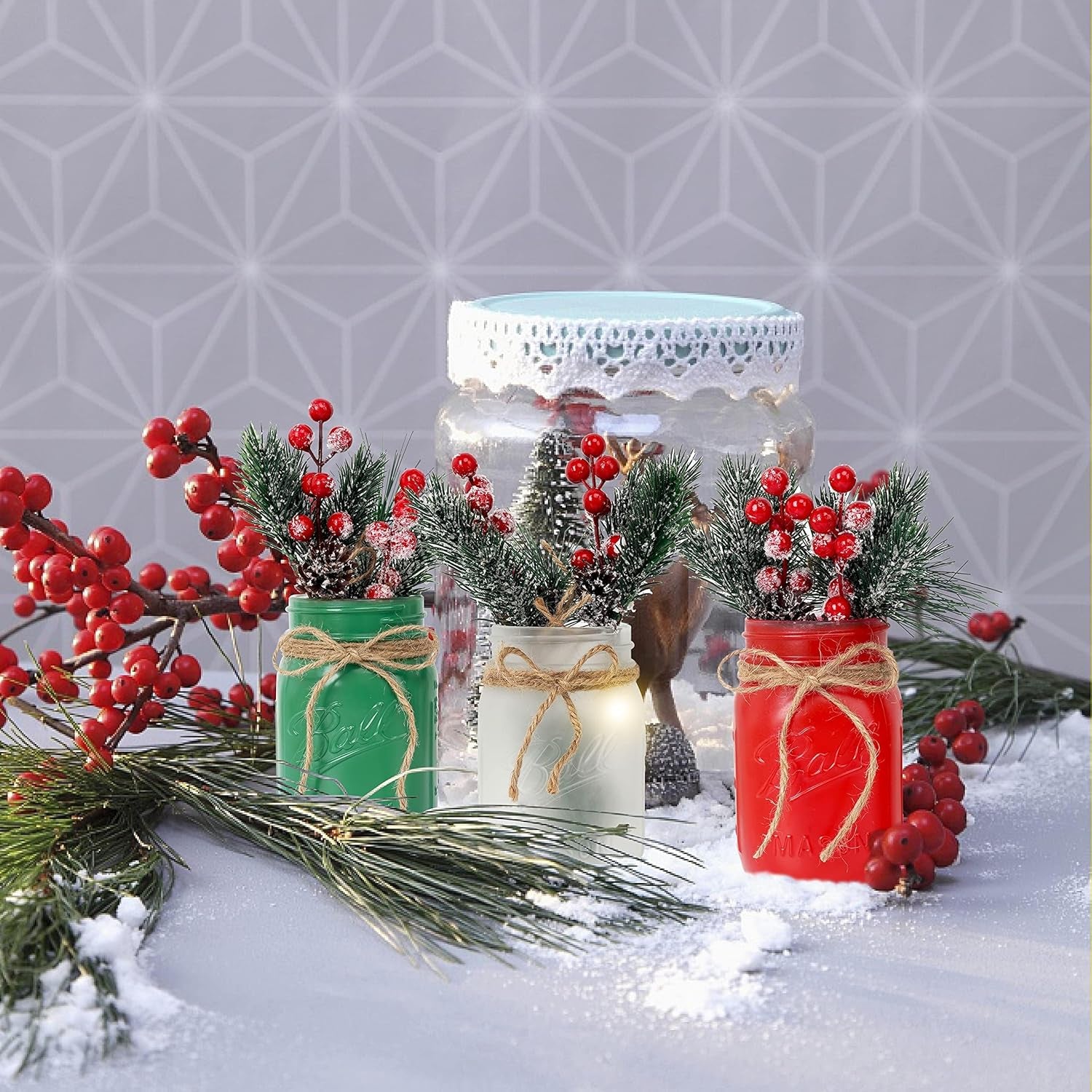 3-Piece Christmas Centerpiece Set: Mason Jar Table Decorations for Home and Coffee Tables