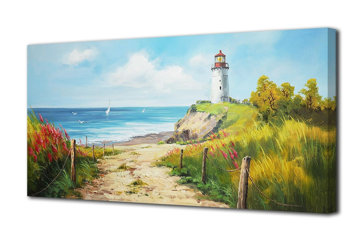 Ocean Coastal Beach Canvas Wall Art Living Room Painting Seascape Lighthouse ...