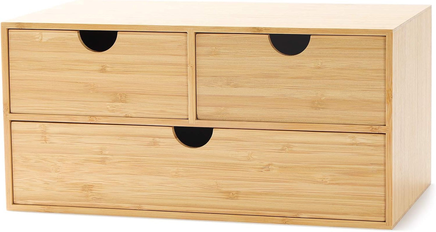 Bamboo Desk Drawer Organizer - Elegant Desktop Storage with 3 Drawers for Office, Home, and Vanity Supplies, No Assembly Needed