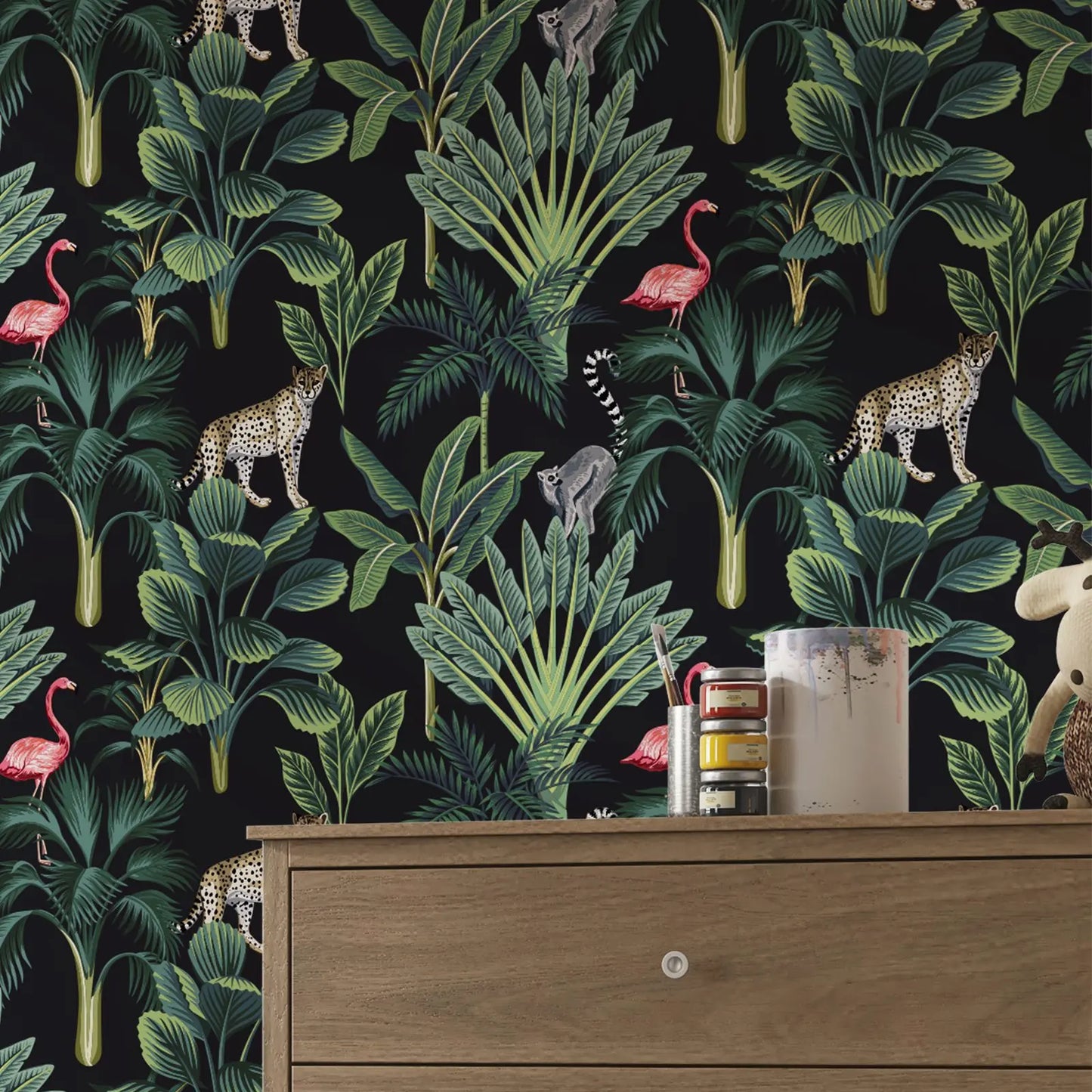 Vintage Tropical Peel & Stick Wallpaper – Flamingos & Palms