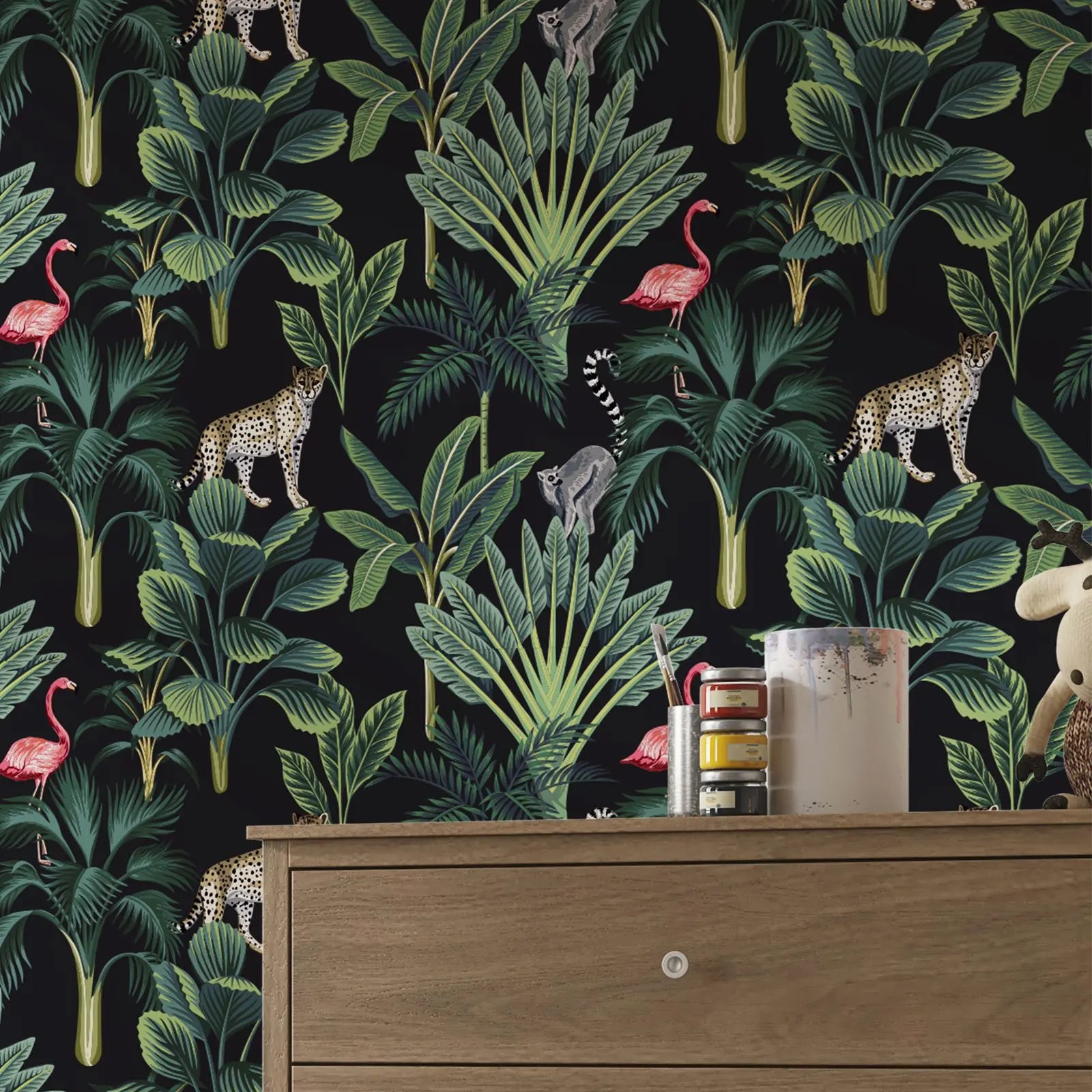 Vintage Tropical Peel & Stick Wallpaper – Flamingos & Palms