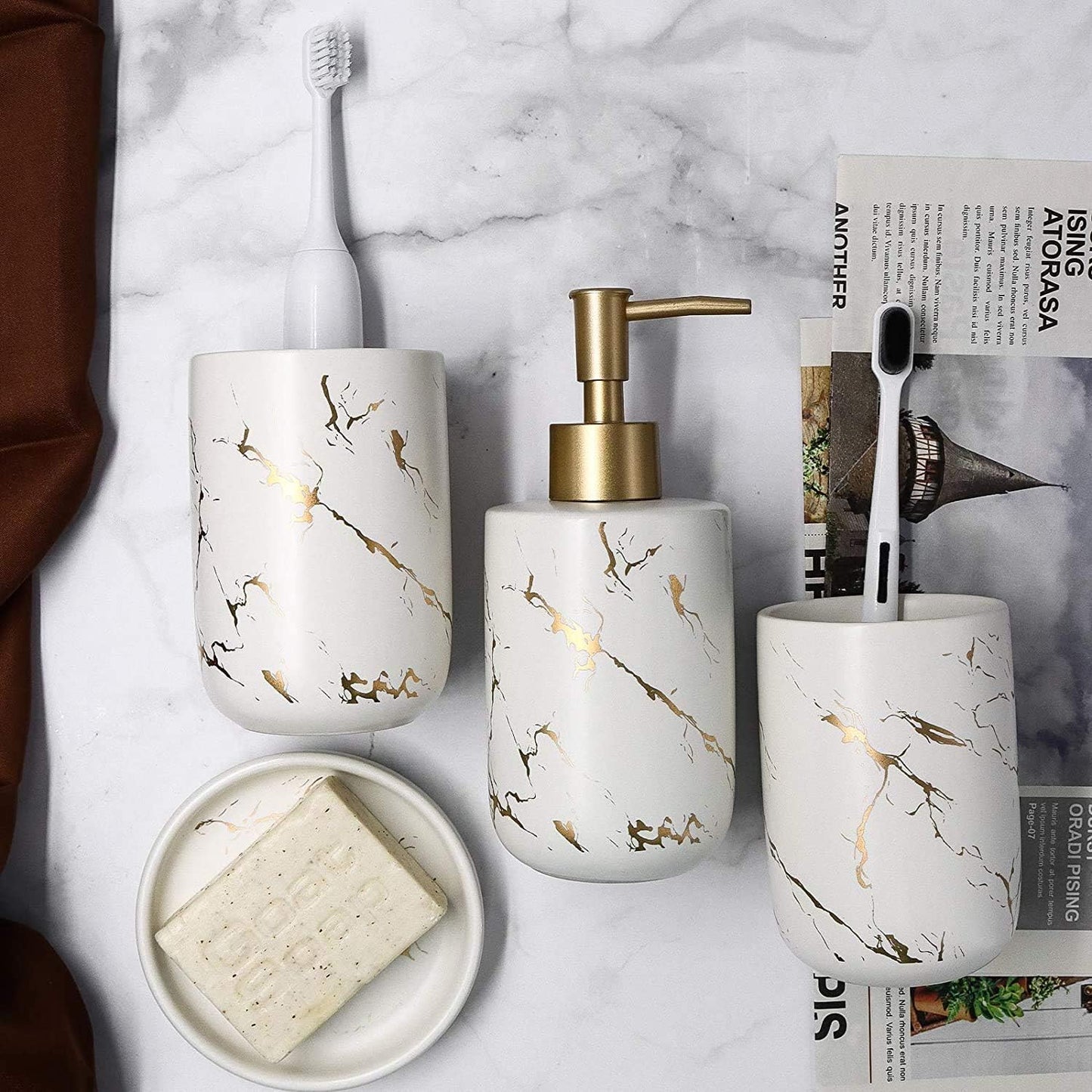 4-Piece Cream Bathroom Set – Ceramic Dispenser, Tumblers & Soap Dish
