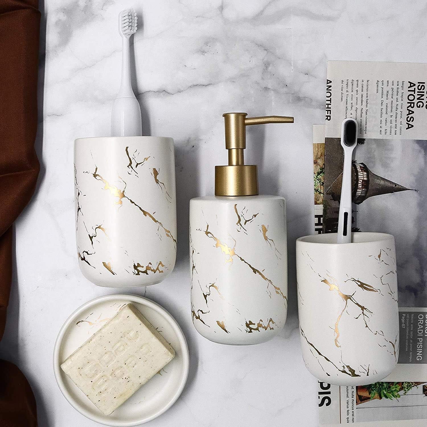 4-Piece Cream Bathroom Set – Ceramic Dispenser, Tumblers & Soap Dish