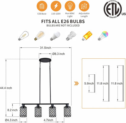 Elegant Black Linear Chandelier with K9 Crystal and Grid Shade - 4-Light Pendant Fixture for Dining Room and Kitchen Island