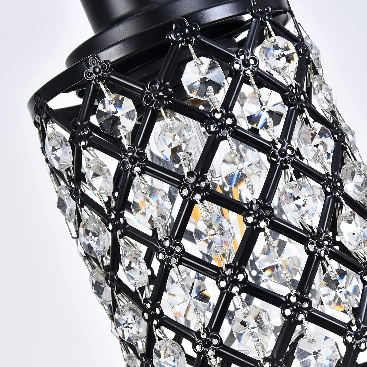 Elegant Black Linear Chandelier with K9 Crystal and Grid Shade - 4-Light Pendant Fixture for Dining Room and Kitchen Island