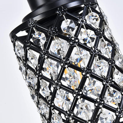 Elegant Black Linear Chandelier with K9 Crystal and Grid Shade - 4-Light Pendant Fixture for Dining Room and Kitchen Island