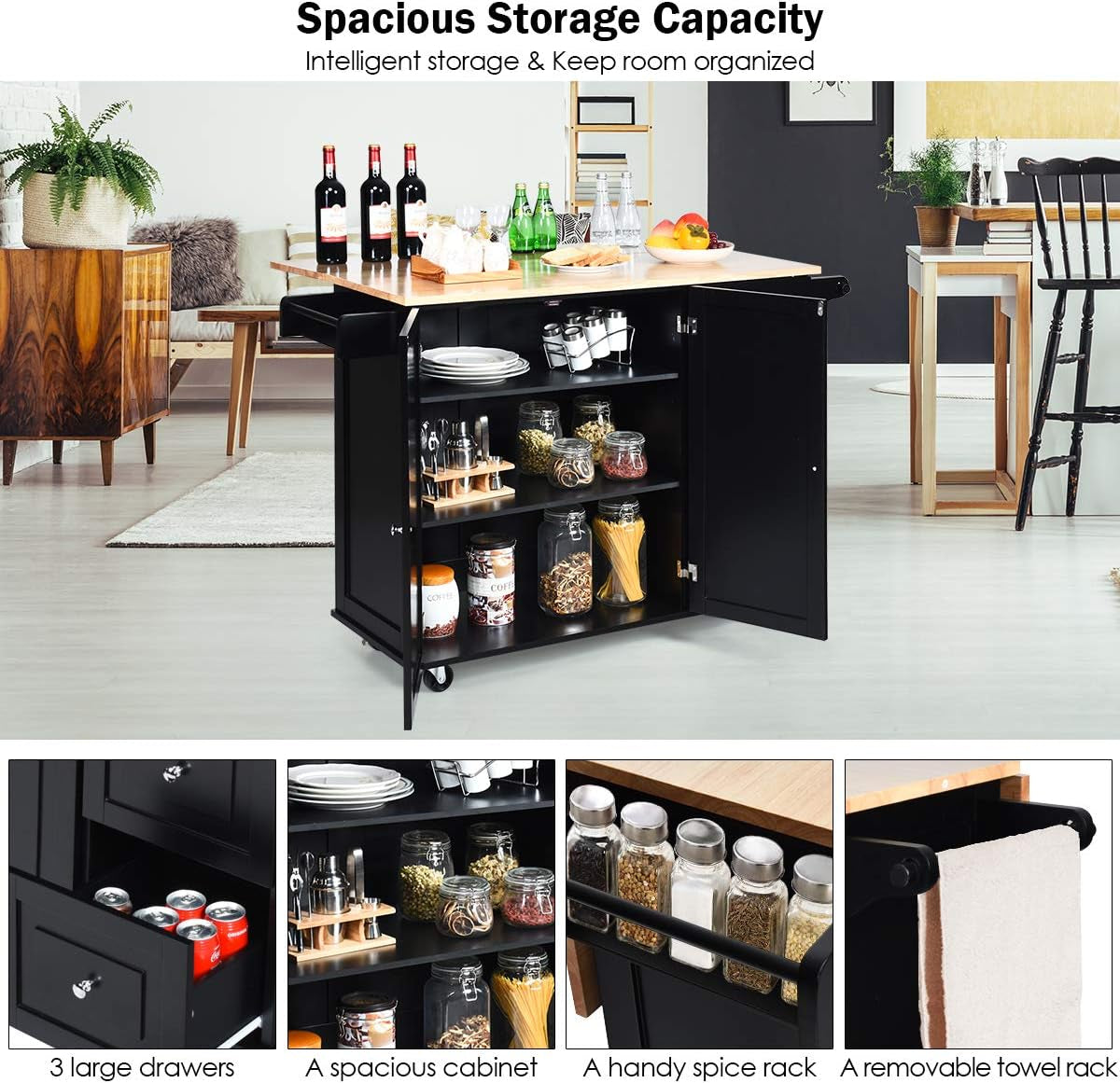 Kitchen Island Cart with Drop-Leaf Top and Storage
