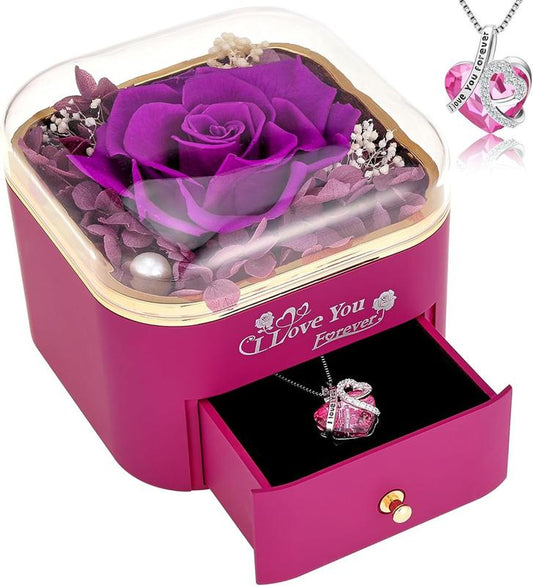 Elegant Preserved Rose Gift Set with Jewelry Box and Necklace - Ideal for Mother's Day,  Birthdays and Valentine's Day