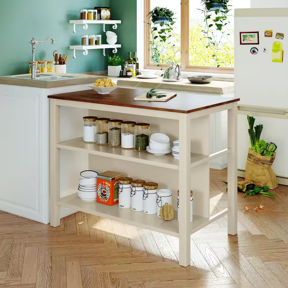   Kitchen Island with Storage Shelves and Butcher Block Top