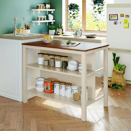   Kitchen Island with Storage Shelves and Butcher Block Top