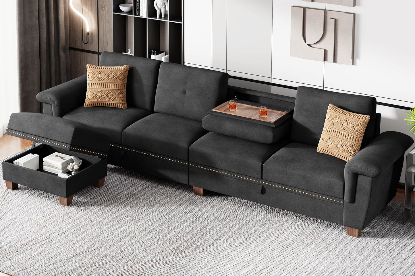 Convertible L-Shaped Sectional Sofa with Storage Chaise & Cup Holders –  4-Seater