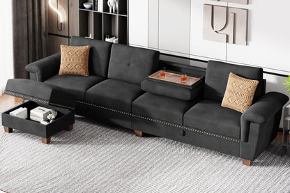 Convertible L-Shaped Sectional Sofa with Storage Chaise & Cup Holders –  4-Seater