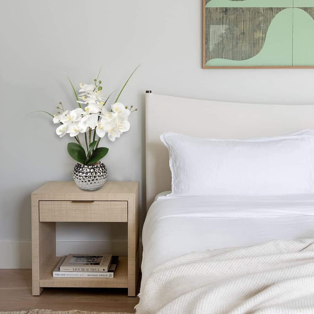 20'' White Artificial Phalaenopsis Orchid with Silver Vase - Elegant Faux Floral Arrangement for Home, Office, and Kitchen Decor