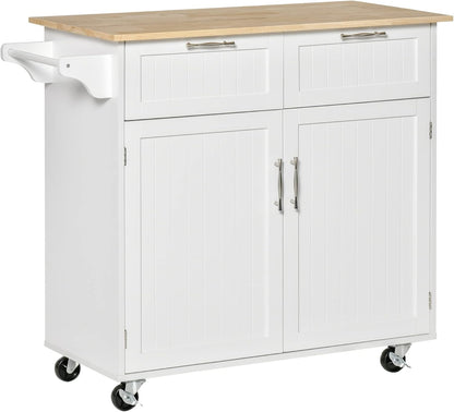  Rolling Kitchen Island Cart with Storage and Rubberwood Top