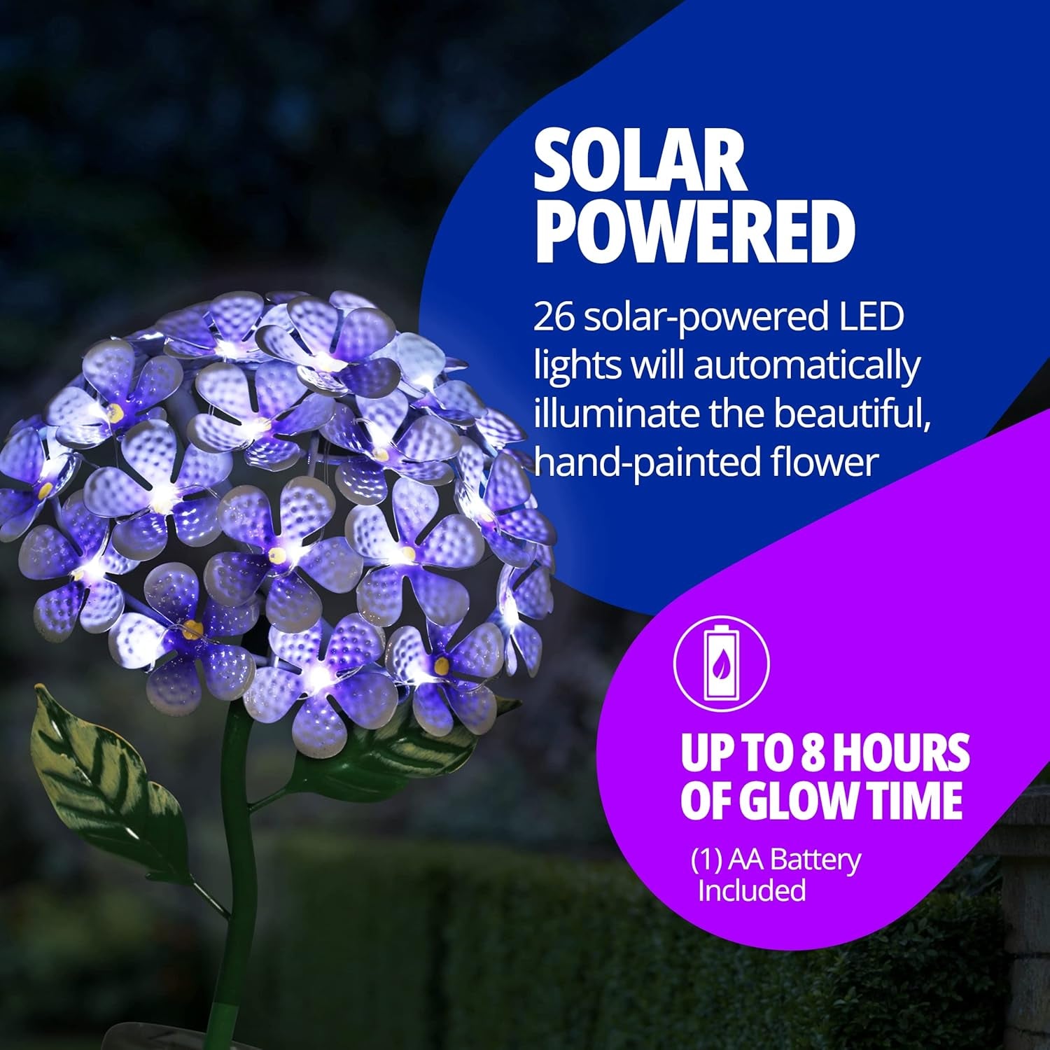 Hydrangea Flower Garden Stake Solar Lights with 26 LEDs, Metal Outdoor Accent in Purple, 7 x 21.5 Inches