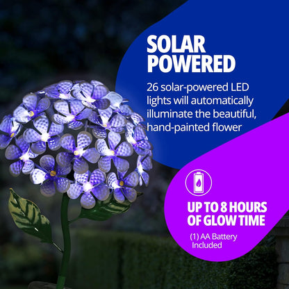 Hydrangea Flower Garden Stake Solar Lights with 26 LEDs, Metal Outdoor Accent in Purple, 7 x 21.5 Inches
