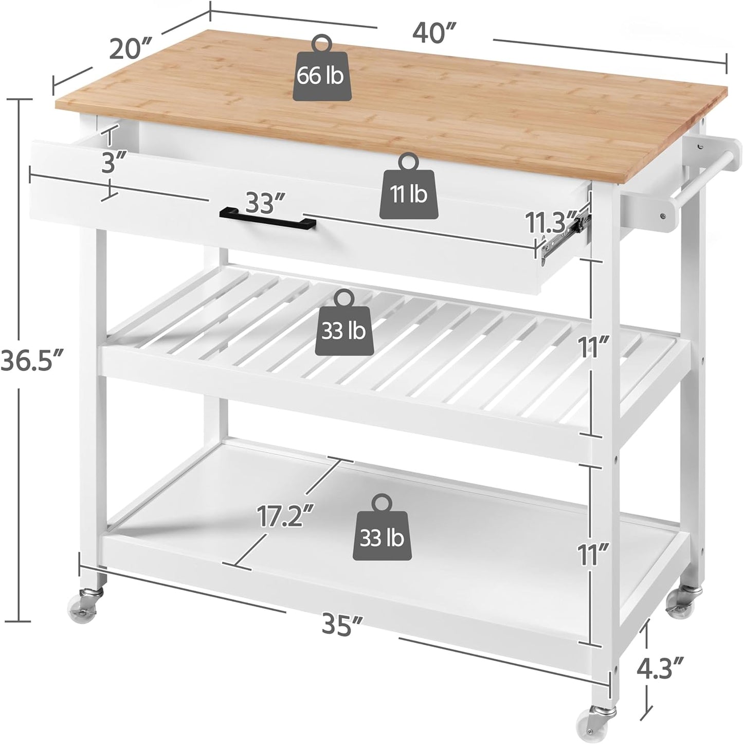 Kitchen Island Cart with 3-Tier Storage and Wheels
