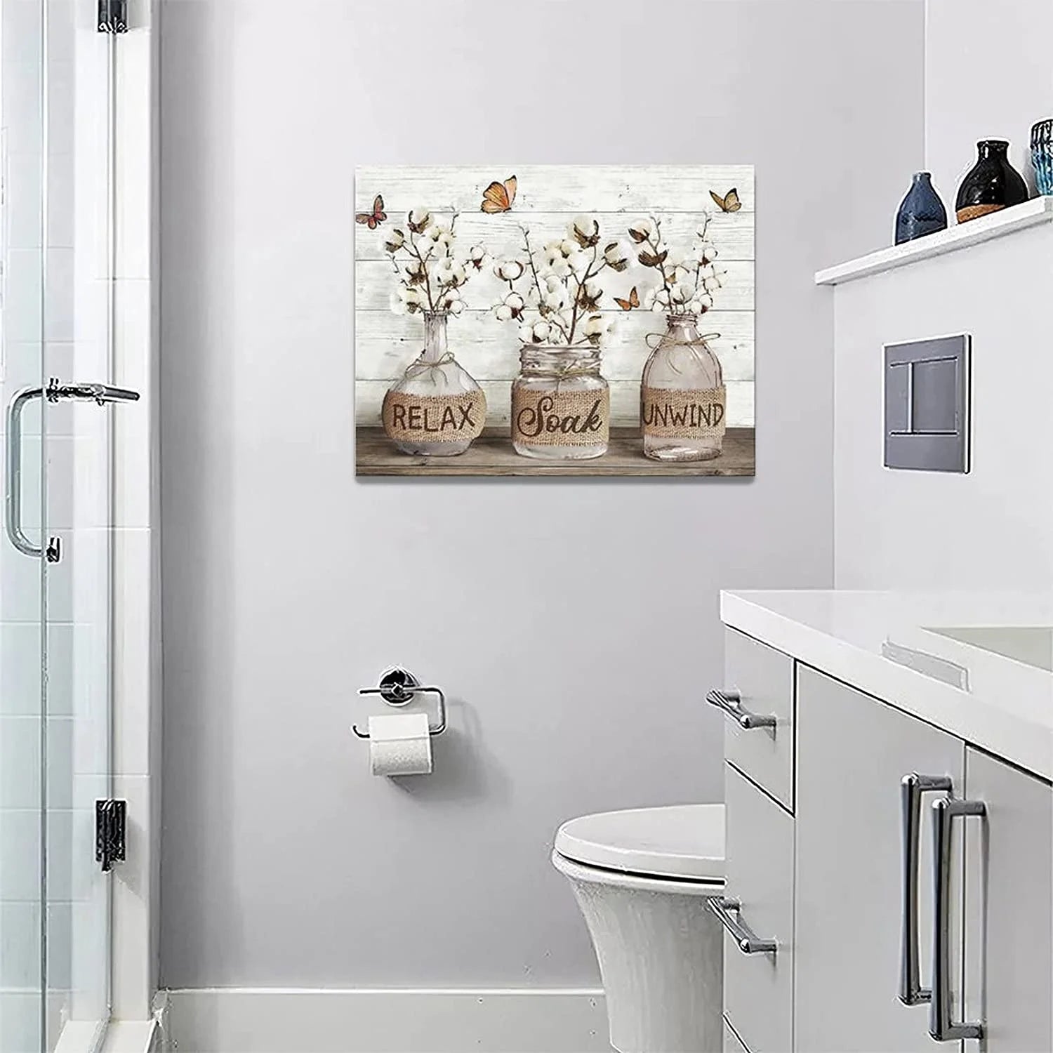 Cozy Farmhouse Bathroom Wall Art – ‘Relax, Soak & Unwind’ Cotton Canvas, 12x16 Framed