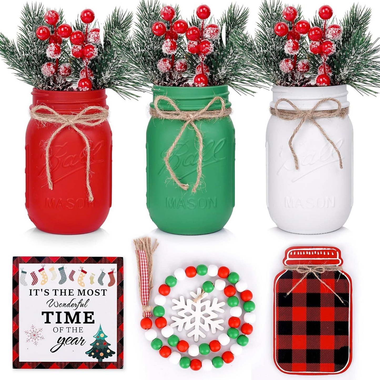 3-Piece Christmas Centerpiece Set: Mason Jar Table Decorations for Home and Coffee Tables