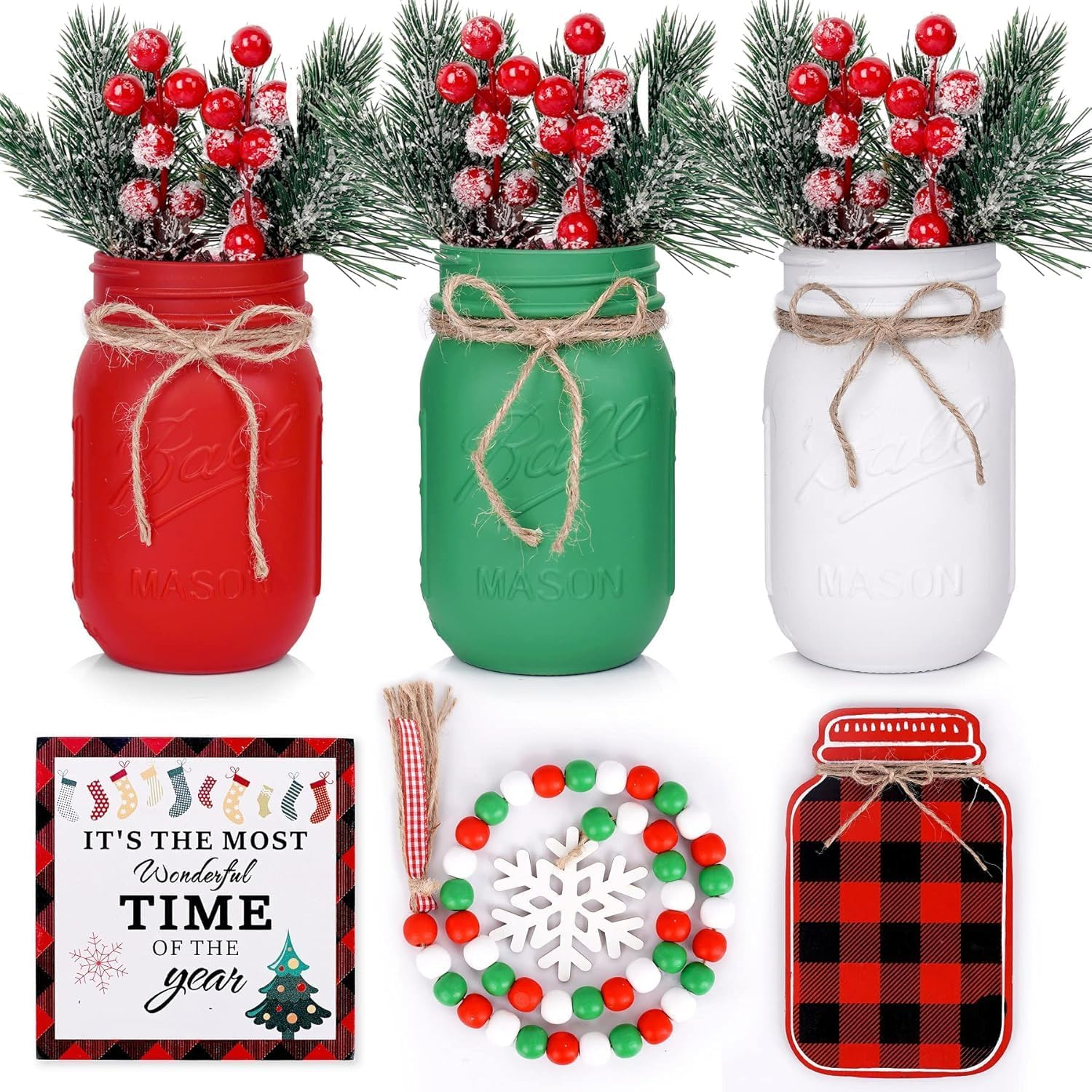 3-Piece Christmas Centerpiece Set: Mason Jar Table Decorations for Home and Coffee Tables