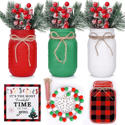 3-Piece Christmas Centerpiece Set: Mason Jar Table Decorations for Home and Coffee Tables