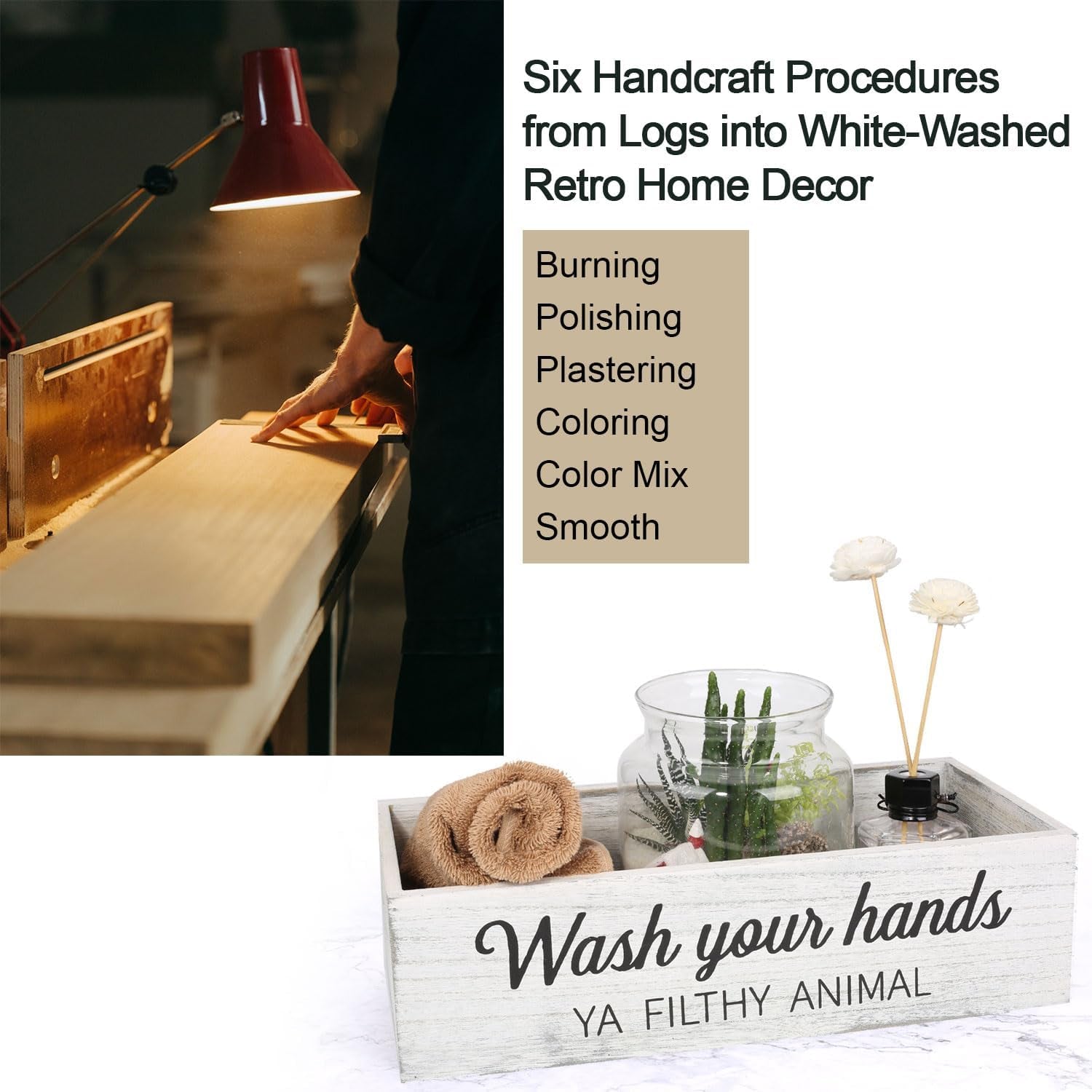 Rustic Whitewashed Bathroom Box – Double-Sided Sign Toilet Tank Basket