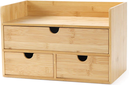 Bamboo Desk Drawer Organizer - Elegant Desktop Storage with 3 Drawers for Office, Home, and Vanity Supplies, No Assembly Needed