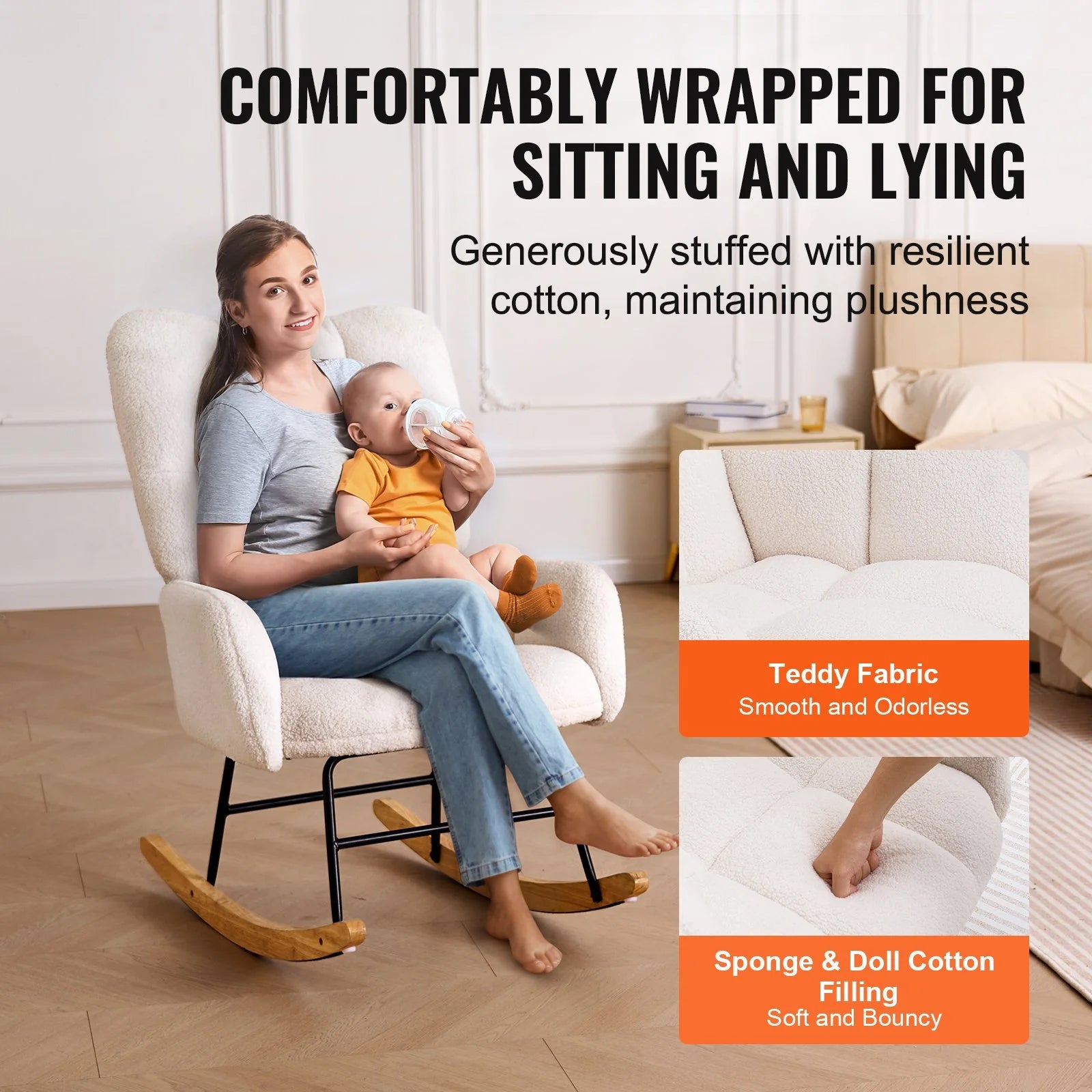 VEVOR Nursery Rocking Chair – Plush Upholstered Glider in Ivory White