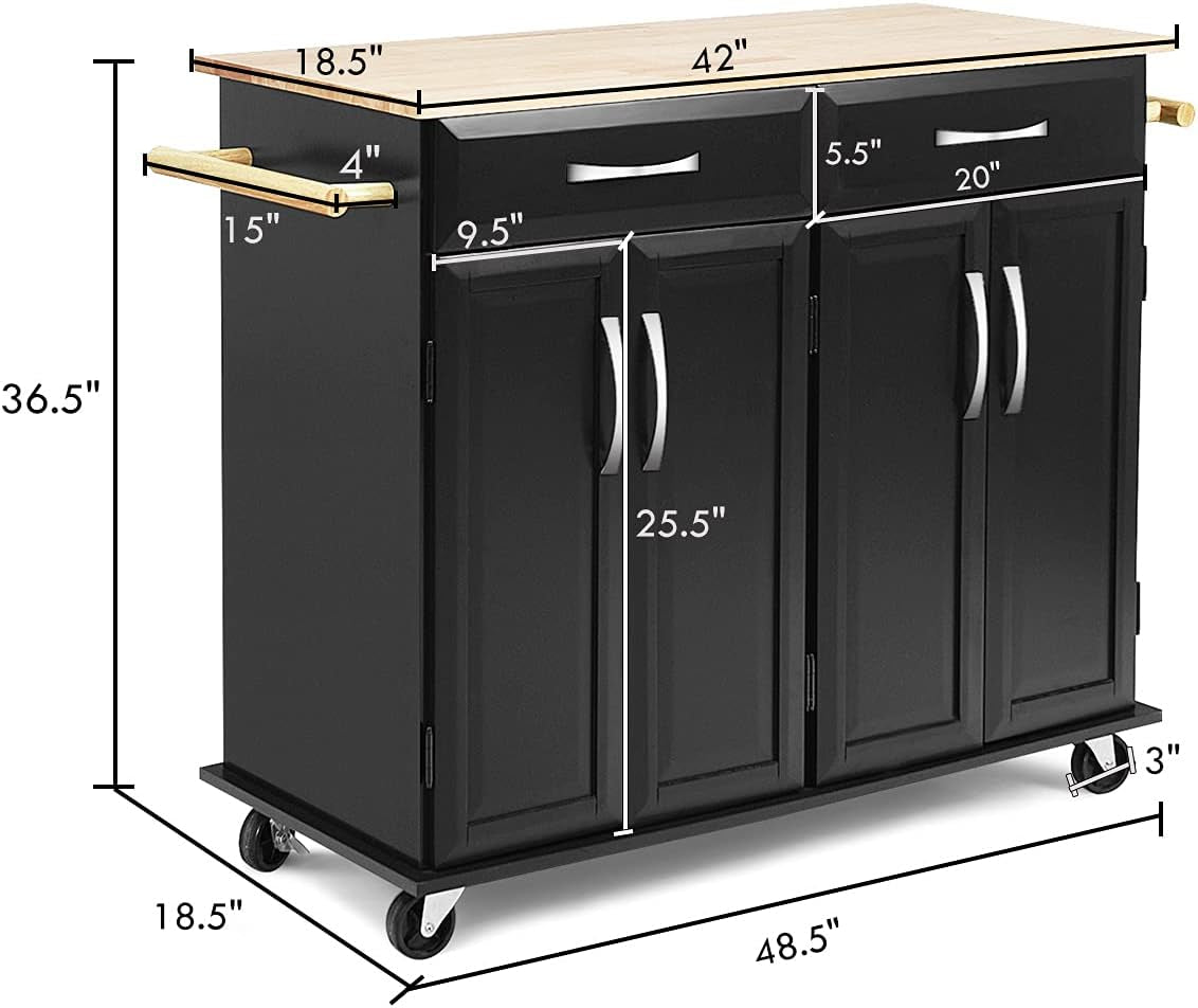 Kitchen Island Cart with Storage, Drawers, and Butcher Block Table