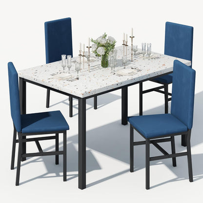 5-Piece Dining Table Set with Faux Marble Top and Faux Leather Upholstered Chairs, Ideal for Kitchen, Breakfast Nook, and Dining Room, White and Beige, 47.25" L x 27.56" W x 30.1" H
