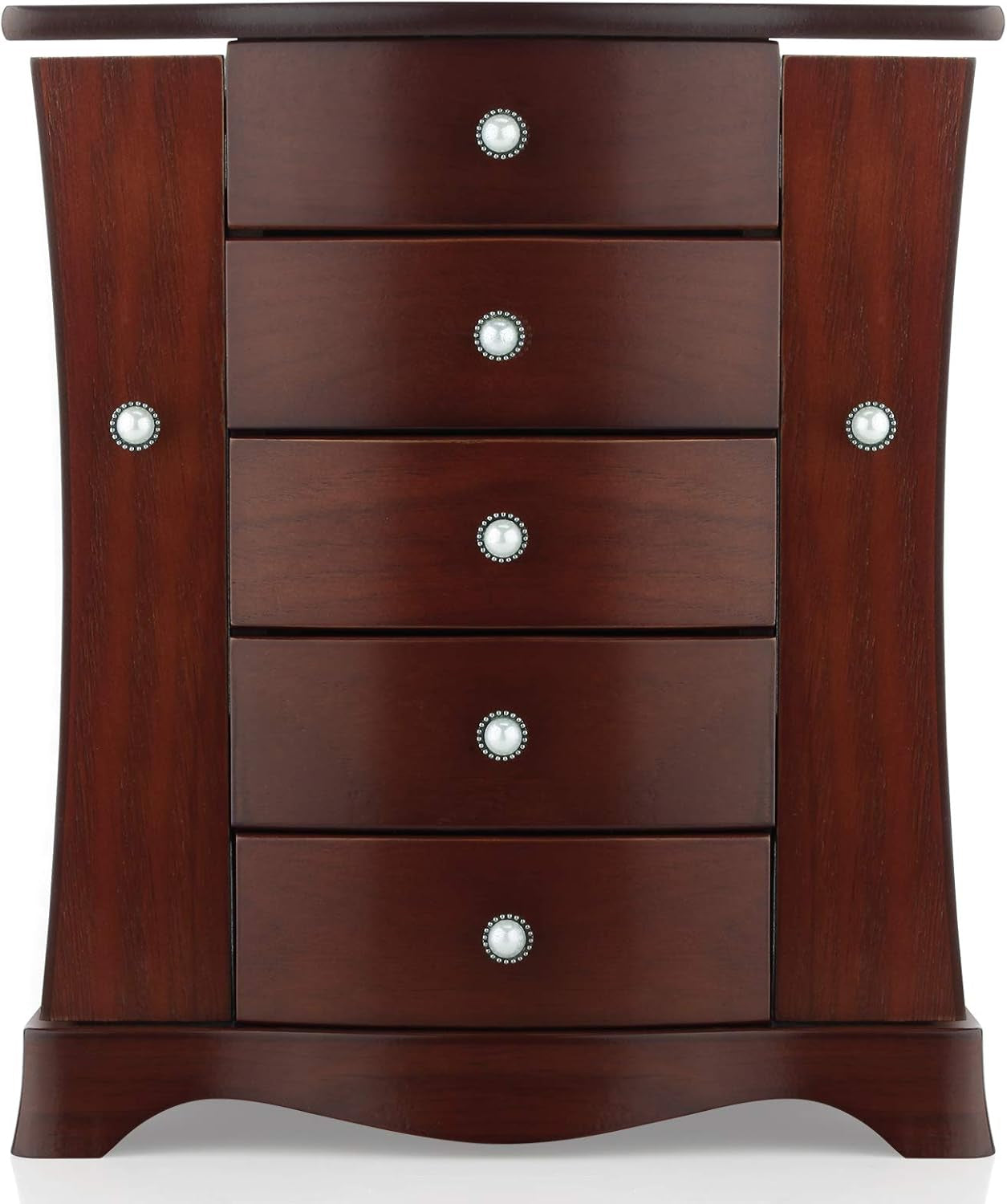 Elegant Solid Wood Jewelry Box with Tower-Style 4-Drawer Organizer, Dual Side Open Doors, and Large Mirror - Brown Finish