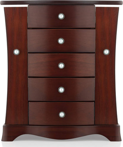 Elegant Solid Wood Jewelry Box with Tower-Style 4-Drawer Organizer, Dual Side Open Doors, and Large Mirror - Brown Finish