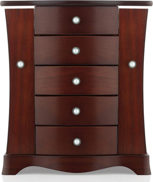 Elegant Solid Wood Jewelry Box with Tower-Style 4-Drawer Organizer, Dual Side Open Doors, and Large Mirror - Brown Finish