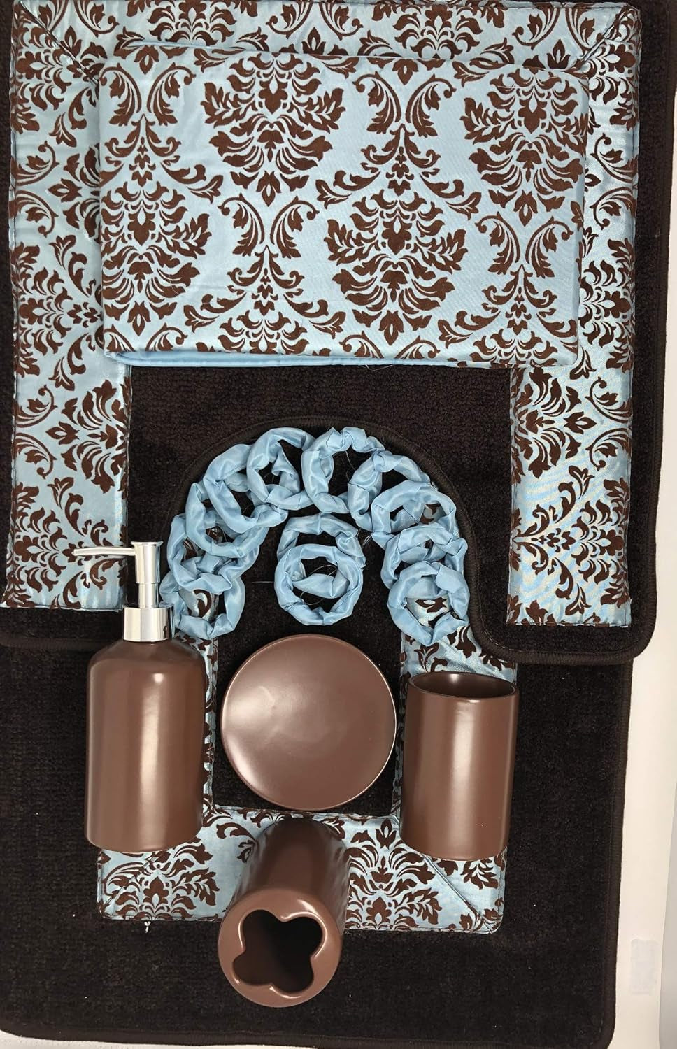 19-Piece Bathroom Set – Majestic Blue | Flocking Print Shower Curtain, Plush Rugs & Ceramic Accessories