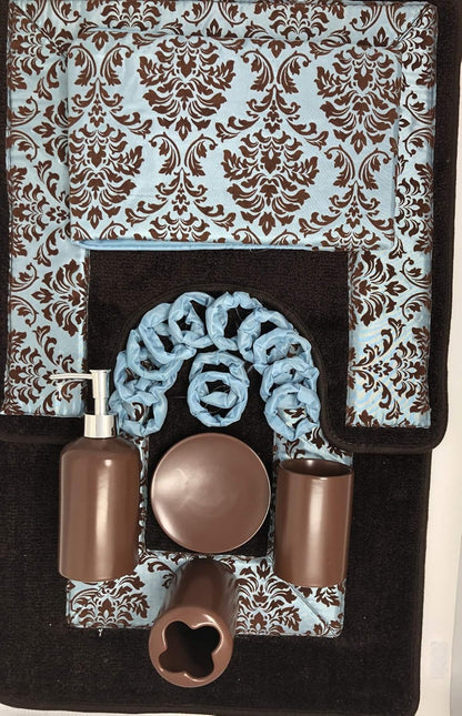 19-Piece Bathroom Set – Majestic Blue | Flocking Print Shower Curtain, Plush Rugs & Ceramic Accessories