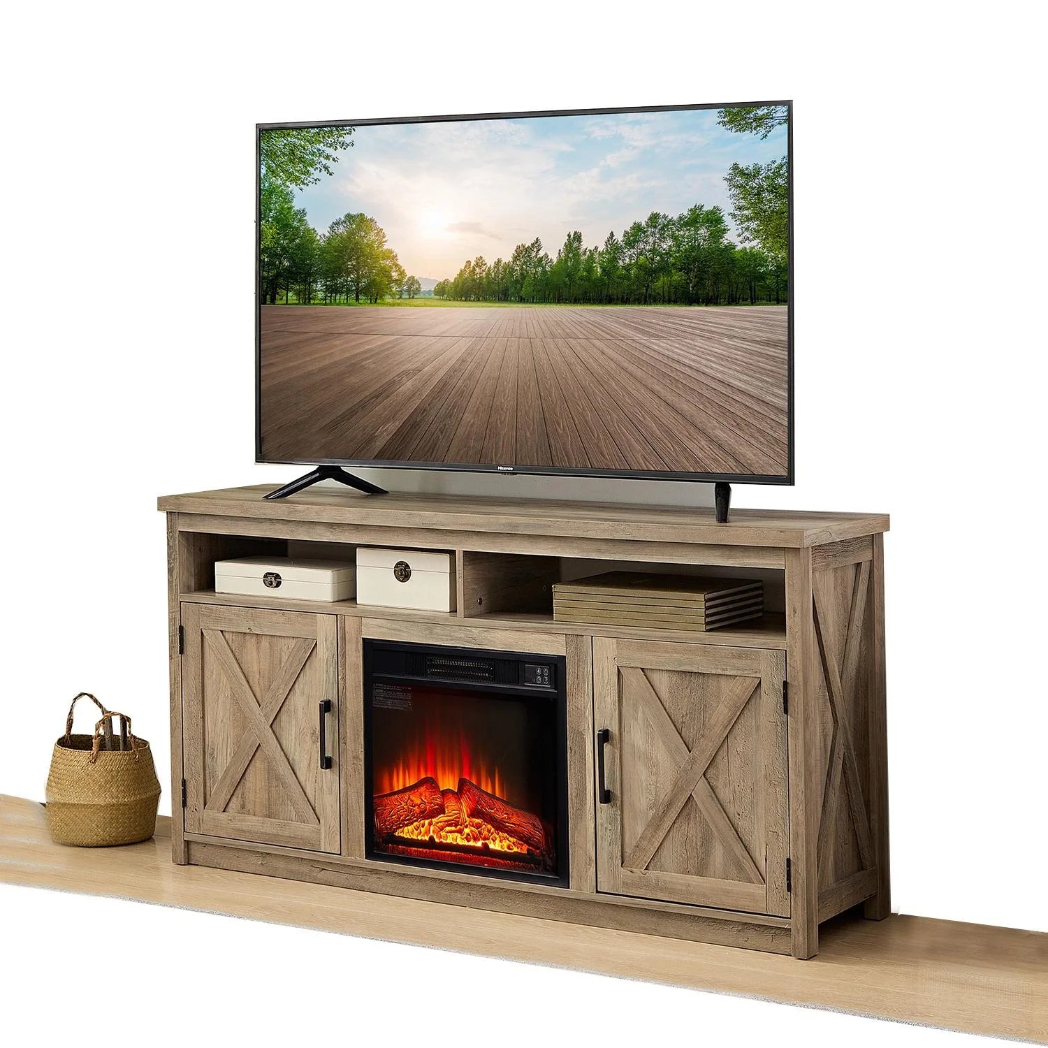 Farmhouse TV Stand with Electric Fireplace – Fits 65" TVs